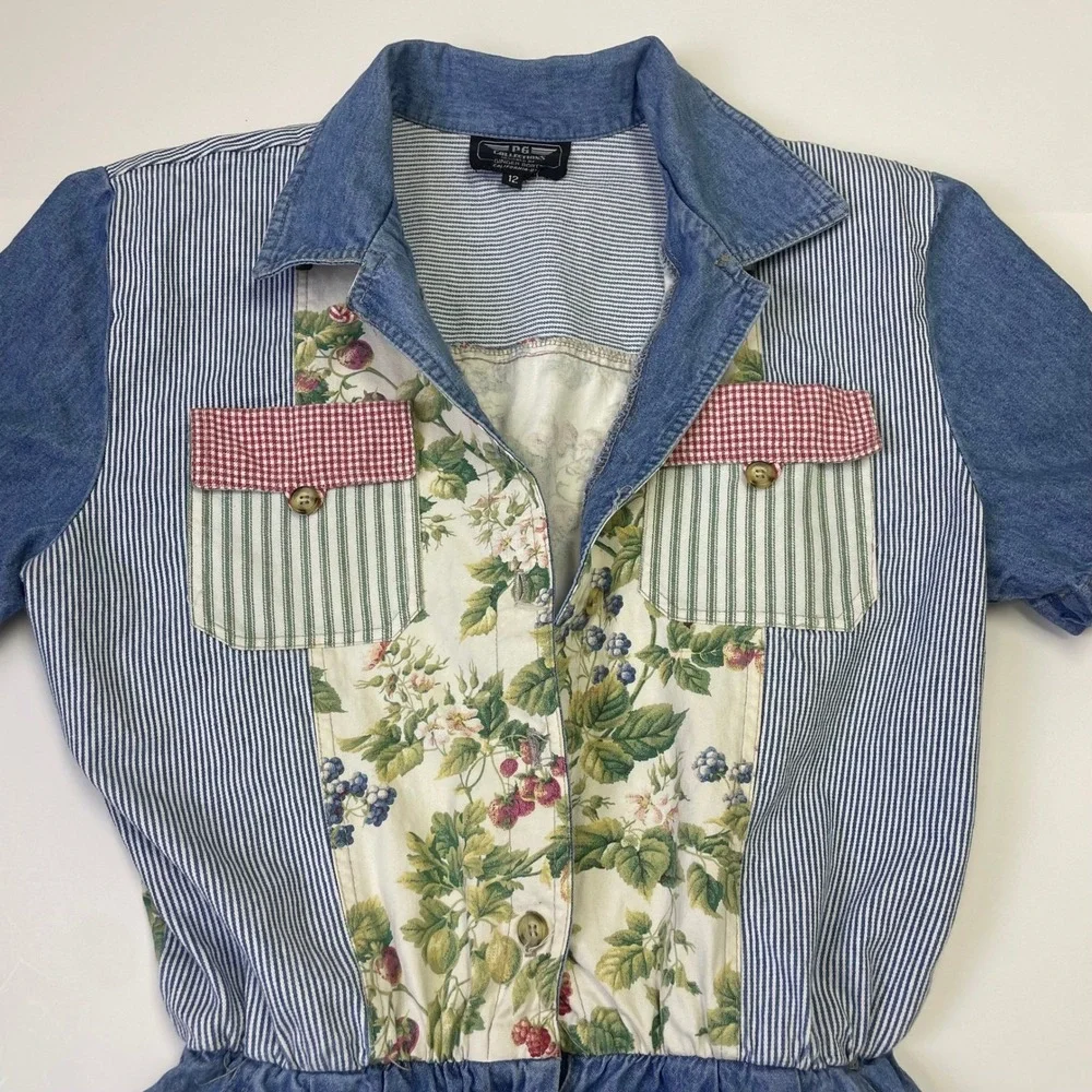 Vintage PG Collections Ginger Bort Denim Patchwork Floral Jumpsuit Womens 12 USA